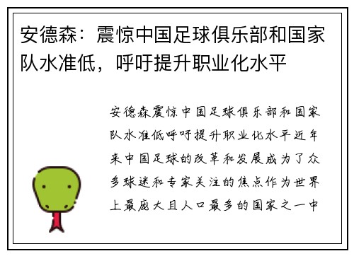安德森：震惊中国足球俱乐部和国家队水准低，呼吁提升职业化水平