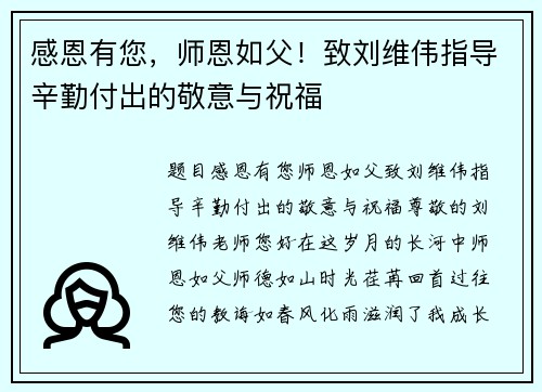 感恩有您，师恩如父！致刘维伟指导辛勤付出的敬意与祝福