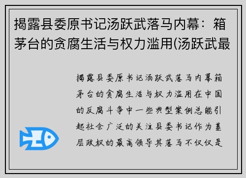 揭露县委原书记汤跃武落马内幕：箱茅台的贪腐生活与权力滥用(汤跃武最新任职)