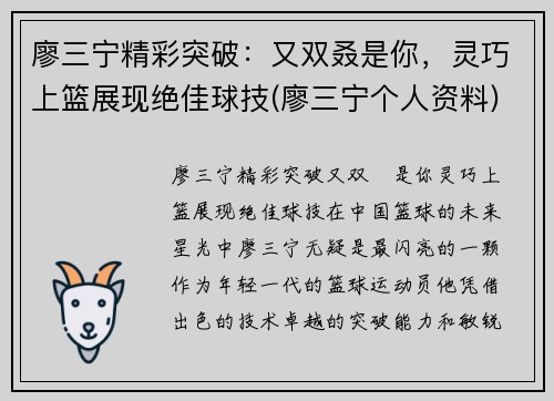 廖三宁精彩突破：又双叒是你，灵巧上篮展现绝佳球技(廖三宁个人资料)