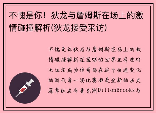 不愧是你！狄龙与詹姆斯在场上的激情碰撞解析(狄龙接受采访)