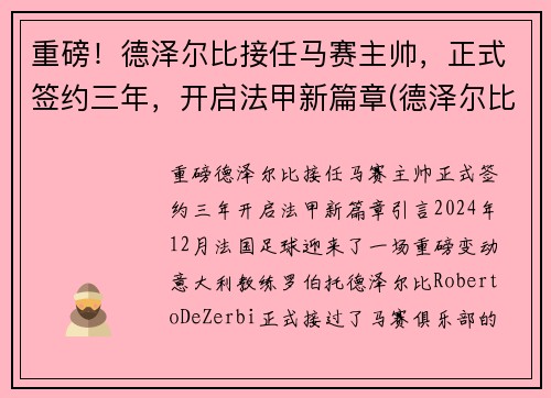 重磅！德泽尔比接任马赛主帅，正式签约三年，开启法甲新篇章(德泽尔比 战术)