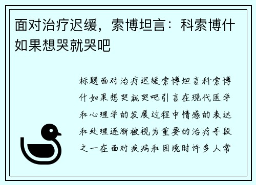 面对治疗迟缓，索博坦言：科索博什如果想哭就哭吧