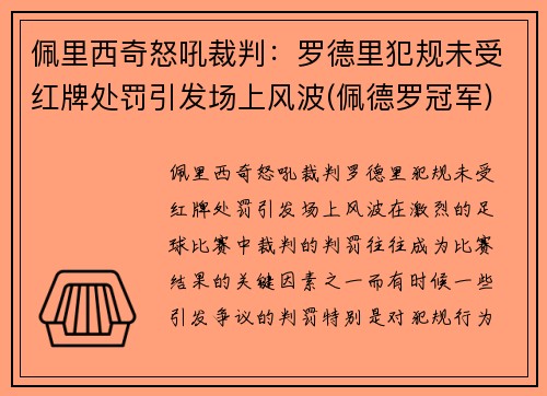 佩里西奇怒吼裁判：罗德里犯规未受红牌处罚引发场上风波(佩德罗冠军)