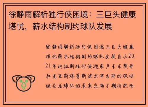 徐静雨解析独行侠困境：三巨头健康堪忧，薪水结构制约球队发展