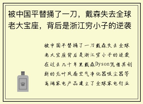 被中国平替捅了一刀，戴森失去全球老大宝座，背后是浙江穷小子的逆袭